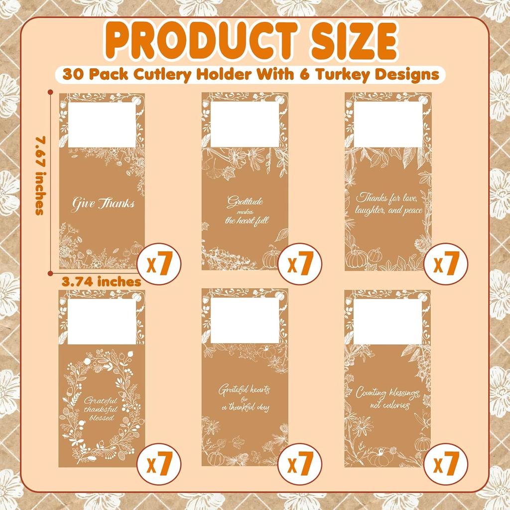 42PCS Thanksgiving Table Decor Cutlery Holder Set - 6 Thanksful Decorations Utensil Holder for Dinner Party Autumn Family Harvest Table Supplies