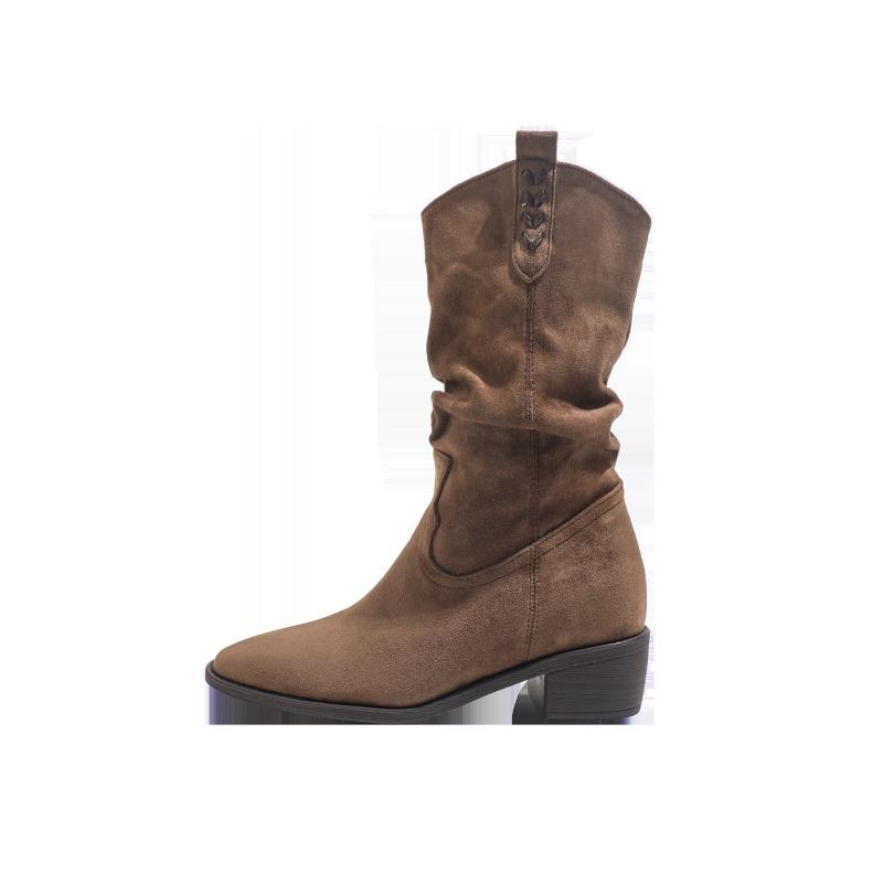 Leopard print hairy medium tube women's boots autumn and winter short boots thin heel trouser tube boots pointed high heel boots