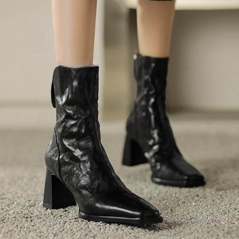 Black Zipper Hand Grab Women's Autumn and Winter Coarse Heel High Heel Boots
