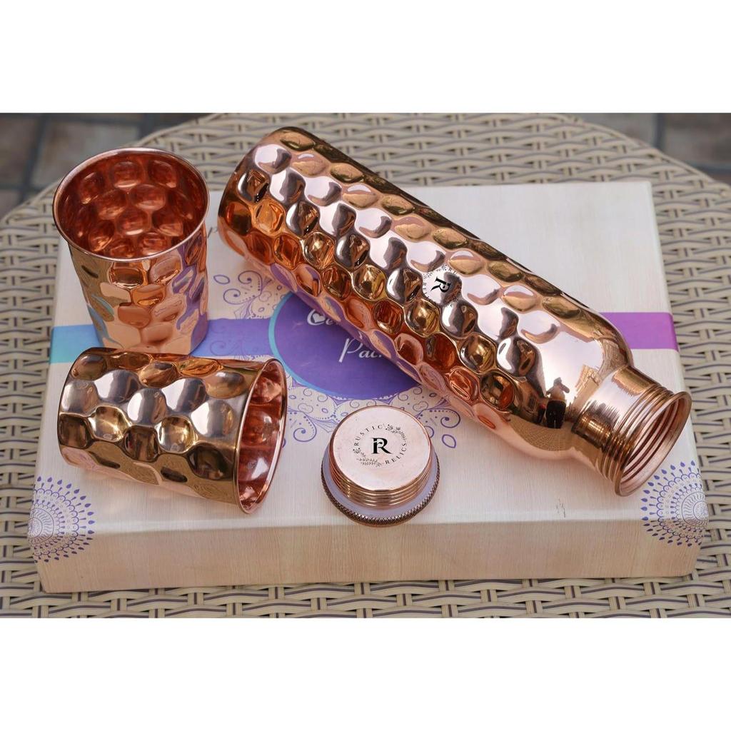 Diamond Pure Copper Bottle - 1L with 2 Glass Set | Ayurvedic Health Benefits Hammered Design | Leak-Proof And Jointless Water Bottle Hand Made
