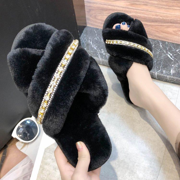 Mao Mao Slippers Cross Chain 2020 Autumn and Winter New Korean Version Flat Bottom Warm Indoor Cotton Mop Fashion Plush Shoes