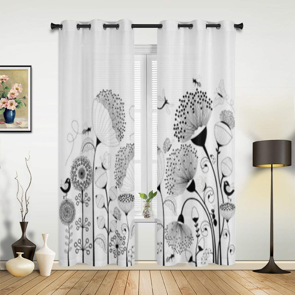 Modern Window Curtains Black and White Flowers Luxury Fashion Curtains for Living Room Bedroom Kitchen Drapes