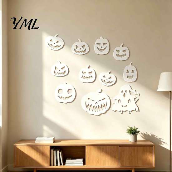 Matte Black Pumpkin Decor for Shop Window 11Pcs Halloween Mirror Wall Stickers, Self-Adhesive Acrylic Ghost Decals, DIY Removable Modern Art
