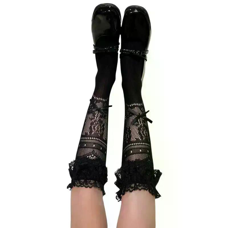 Slouch Socks Ballet Bow Mid Calf Lace Women Thin Hollow Out Summer Breathable Soft Socks for School Date and Fitness