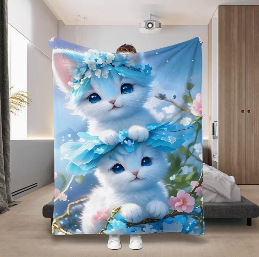 Four Seasons Blanket with Two Blue Kitten Pattern Warm Cozy Blanket Sofa Bed Blanket for Office Camping Travel Home Decor