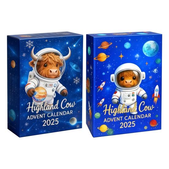 Astronaut Highland Cow Advent Calendar 24 Days Acrylic Ornament Box with Space Themed Surprises Christmas Countdown Decor for Kids