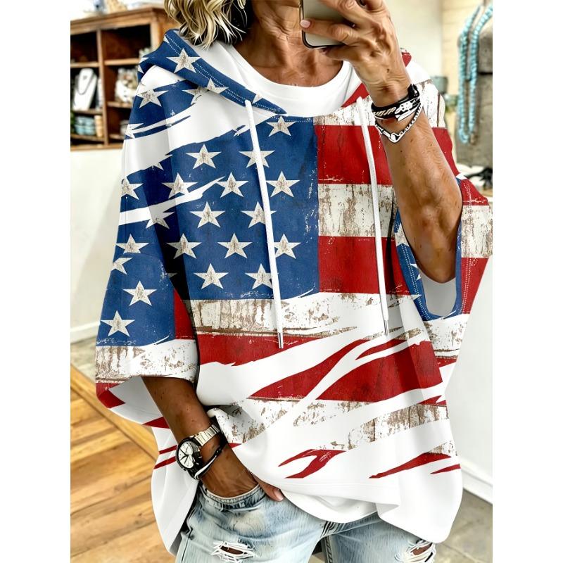 Plus Size Women's Hoodie, White Distressed National Flag Print, Loose Drop Shoulder Sleeves, American Vintage Patriotic