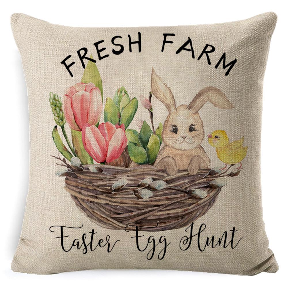Cartoon Easter Pillow Cover Linen Watercolor Bunny Egg Home Sofa Cushion Cover