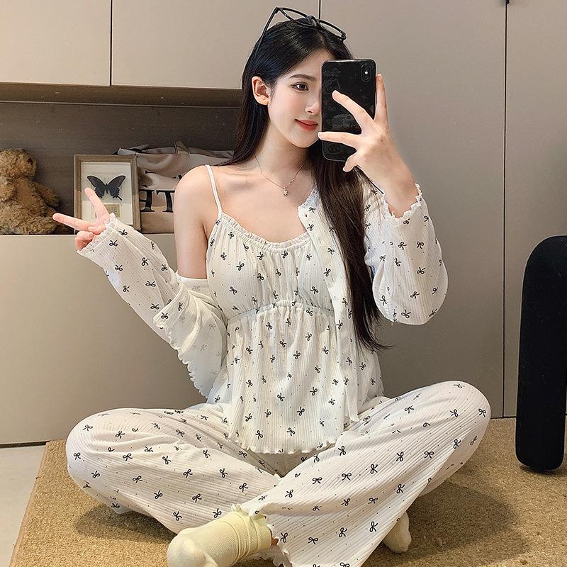 Women's 3-Piece Japanese Polka Dot Pajama Set - Long Sleeve Cardigan, Versatile for Spring/Autumn, Suitable for Home or Outdoors