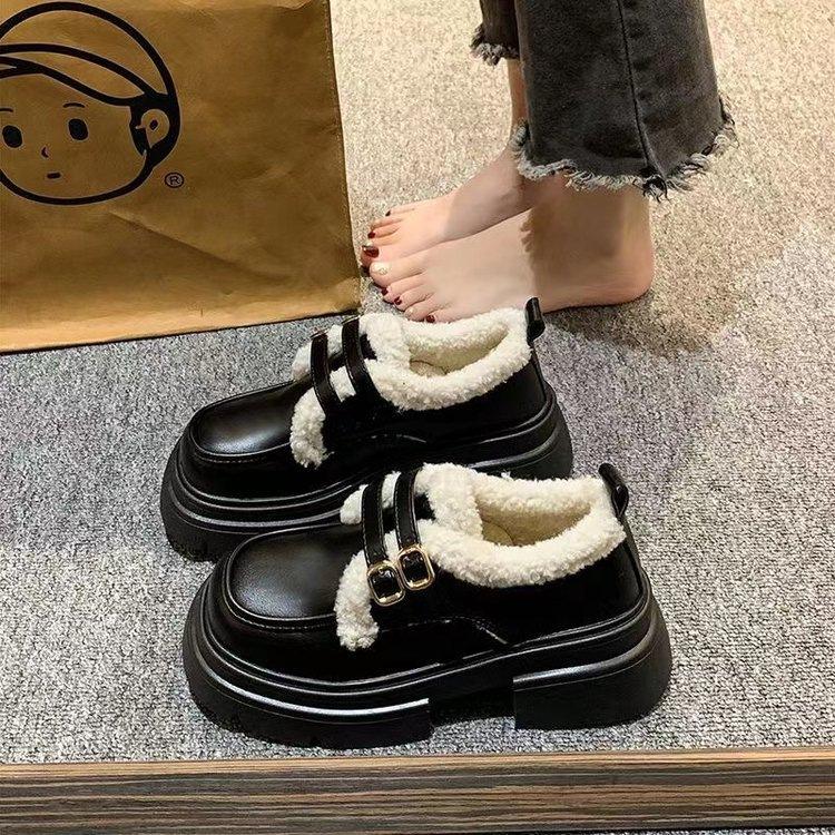 British style small leather shoes winter plush beanie shoes new year warm platform cotton shoes single shoes 35 чёрный