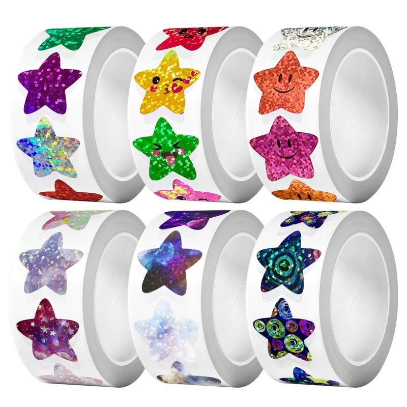 500pcs/roll Laser Star Smile Stickers Per Roll 25mm Reward Chart Decals Cute Labels for Kids Teachers Reward Stickers Decoration