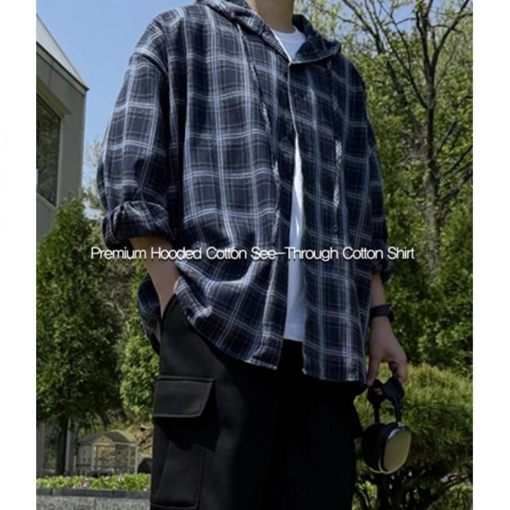 Meositda Oversized Hooded Check Sheer Summer Shirt