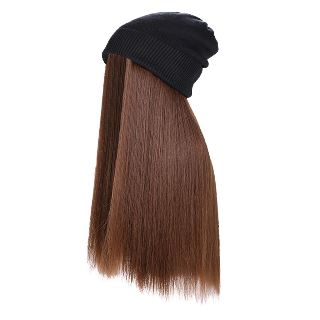 Women Winter Hat Wig Knit With Long Straight/Wig Wavy Curly Hair Wig Attached 23.6 Inch Synthetic Hair Wigs Hairpiece