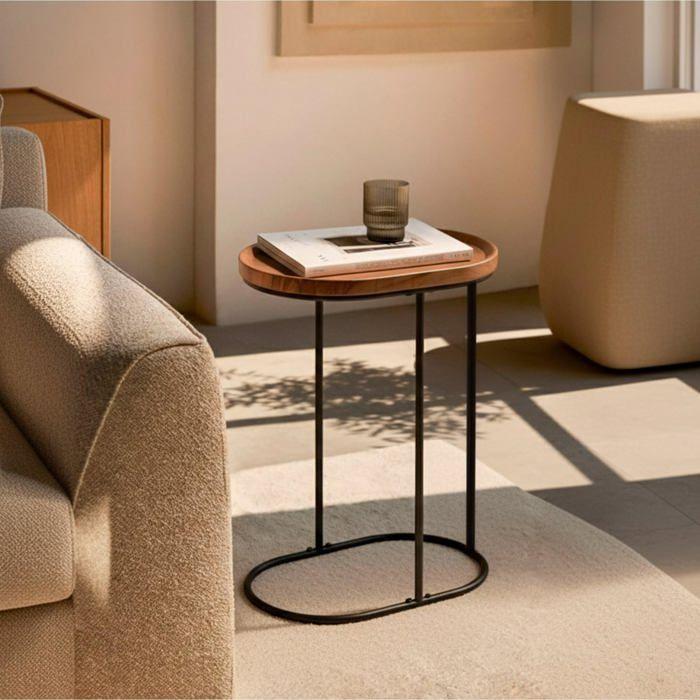 Table d'appoint ronde - AKTIVE - Effet chêne - Structure métallique noire - 45x30x60 cm - Supporte 5 kg