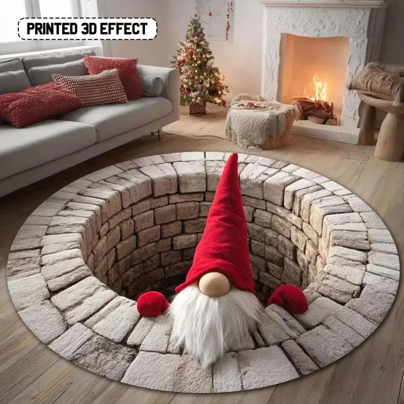 Funny 3D Effect Gnome Rug Non-slip Round Carpet for Christmas Decoration Living Room Bedroom Floor Mat