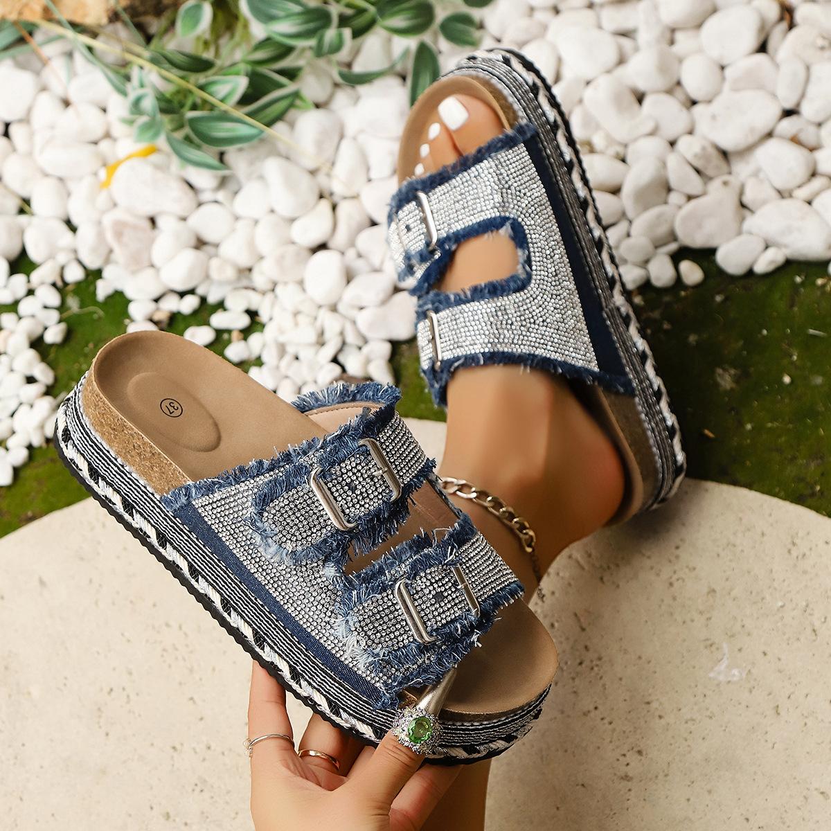 

Women s Wide Width Fringe Slides, Double Buckle Platform Sandals, Rhinestone Summer Slippers for Women 43 джинсовий синього кольору