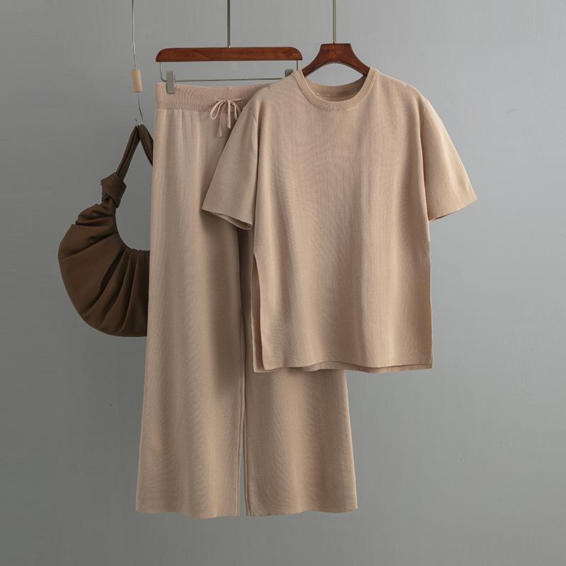 Fashion Knitted Suit Women's Medium and Long Solid Color Loose Split Knitted Sweater + High Waist Lace-up Trousers Two-piece Set