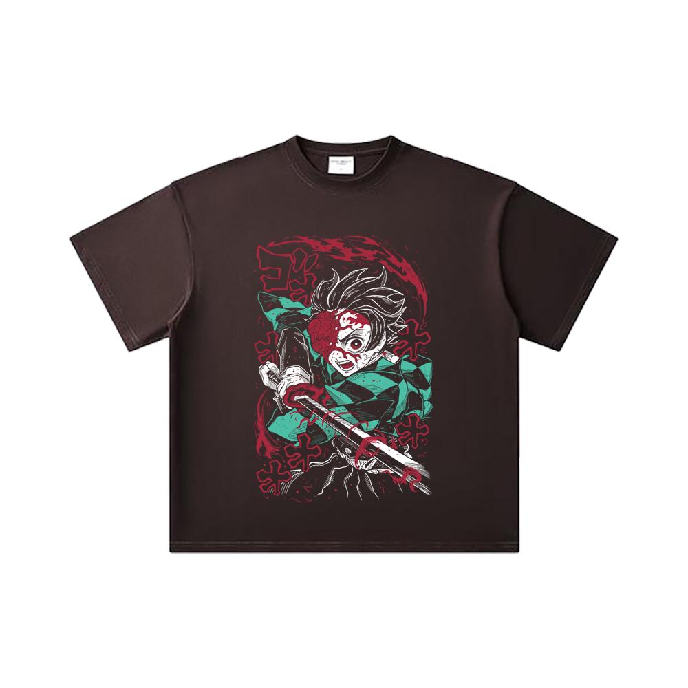 260 GSM Double Yarn 32 Count 100% Cotton Demon Slayer V41 Demon Tanjiro Print Unisex Heavy Cotton T Shirt