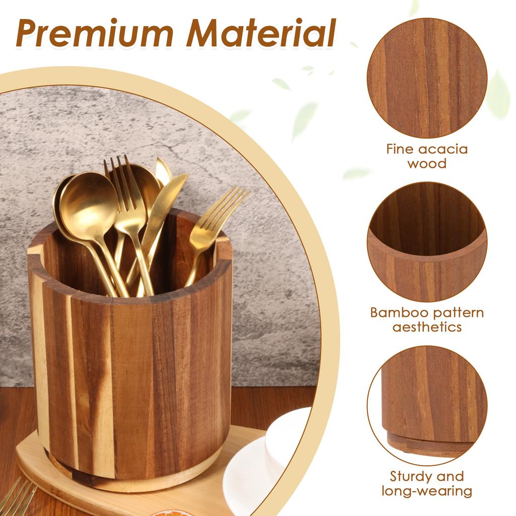 360° Rotating Utensil Holder Wooden Large Capacity Kitchenware Storage Rack Non slip Countertop Organizer Kitchen Accessories