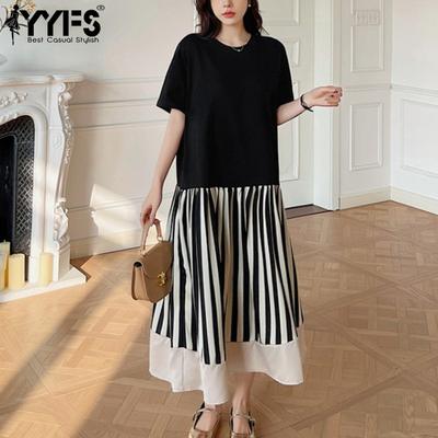 Women's Fashion Summer Spring Stripe Print Short Sleeve O-Neck Loose Waistline Casual Dresses