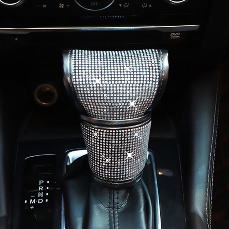 Rhinestone Car Shift Gear Cover Handbrake Cover Leather Auto Anti-slip Protector Decoration Universal Car Accessories Interior