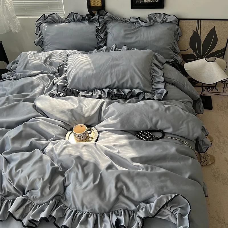 Four Piece Set of 180X220Cm Washed Ice Silky Bedding Korean Ruffled Quilt Cover for Bedroom Cooling Smooth Fitted Sheet Sets