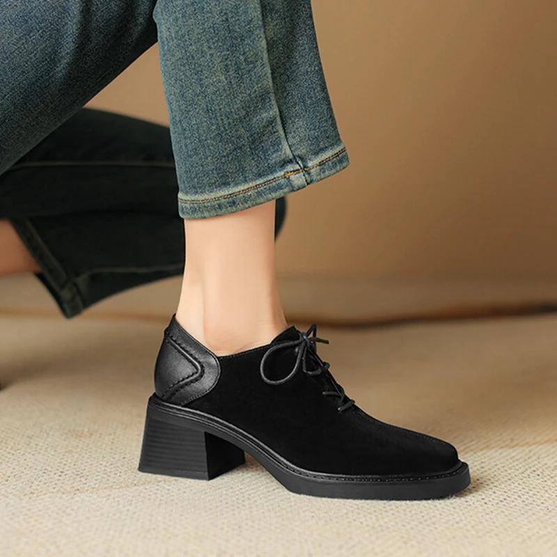 Fashion NEW Spring/Autumn Women Shoes Square Toe Chunky Heel Casual Shoes Sheep Suede Leather Shoes for Women Retro Lace Up Women Pumps