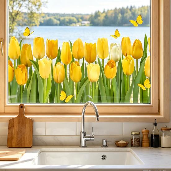 Adesivo per Finestra Fiore di Tulipano, Decalcomanie Floreali Primaverili con Farfalle per Festa di Primavera Casa Scuola Ufficio Negozio Decorazione Vetro