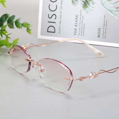 Diamond Cutting Reading Eyeglasses Alloy Rimless Women Pink Gradient Reading Glasses Woman Rhinestone Metal Anti Blue +3.0 +4.0