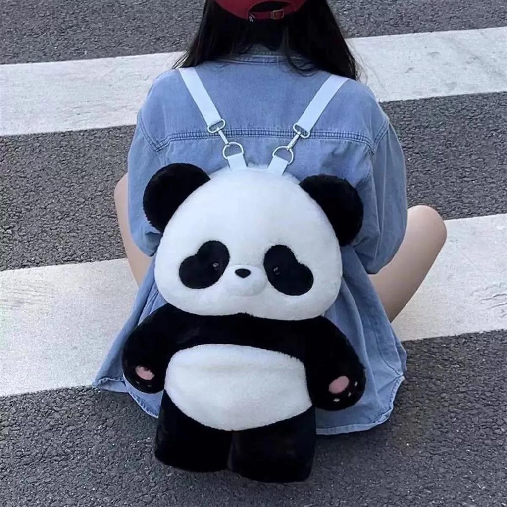 Cartoon Cute Panda Shape Backpack Nylon Plush Material 2 Sizes Available Removable Shoulder Strap Bag Fashion Women's Makeup Bag