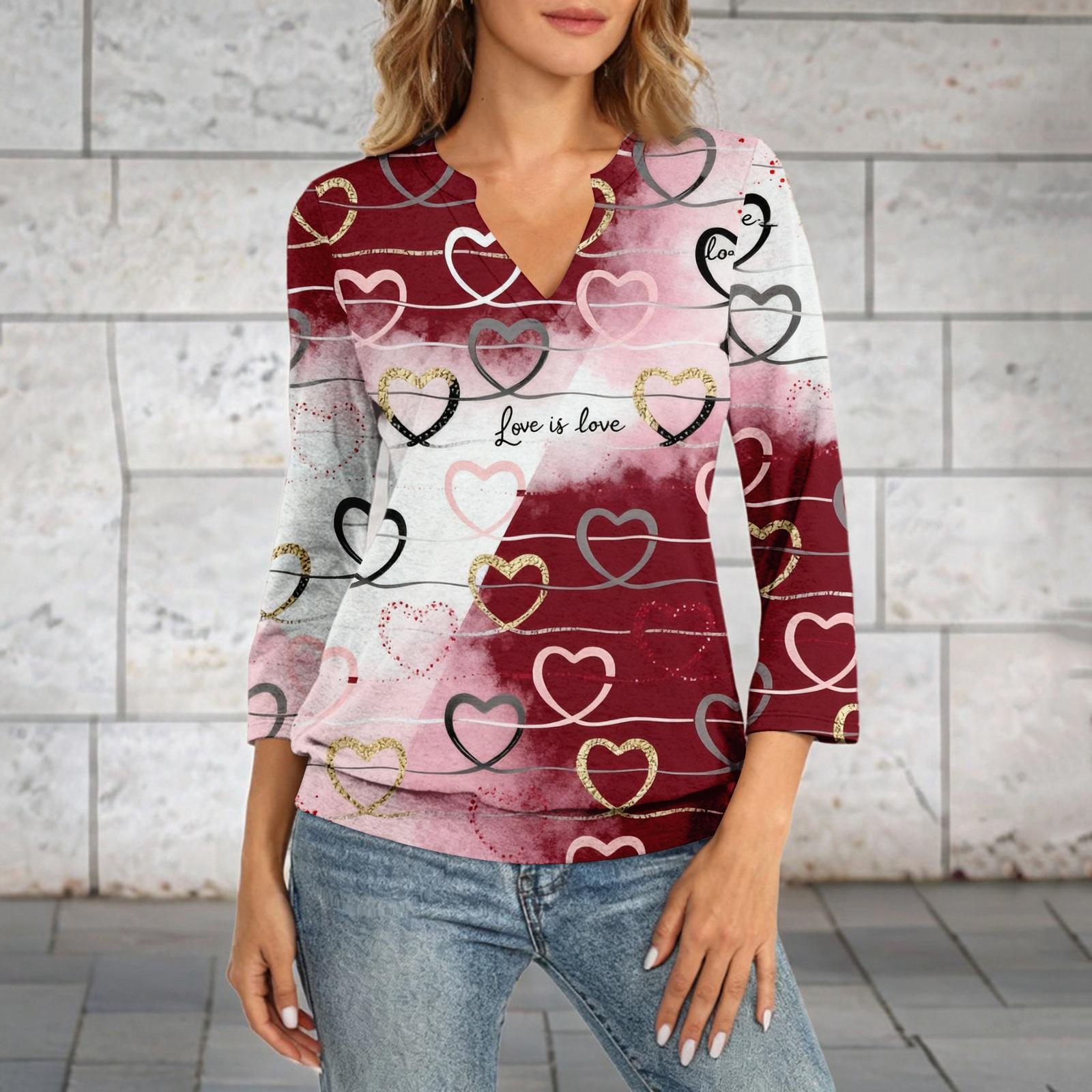 

Women s 3/4 Sleeve Top With Gathered Hem, V-neck, Summer Casual -shirt, Valentine s Day Printed Top S