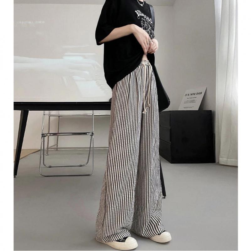 Striped Wide-leg Pants for Women, Summer Korean Style New Casual Pants, Casual and Slimming, Elastic Waist, Loose and Draping, Floor-length