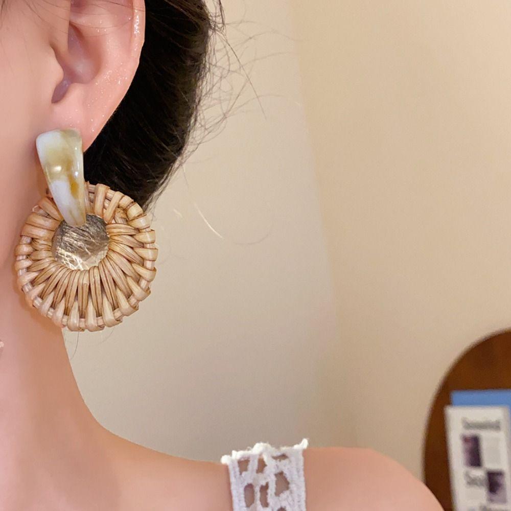 Beach Jewelry Bohemian Drop Earrings Round Geometric Earrings Retro Rattan Weave Earrings  Party