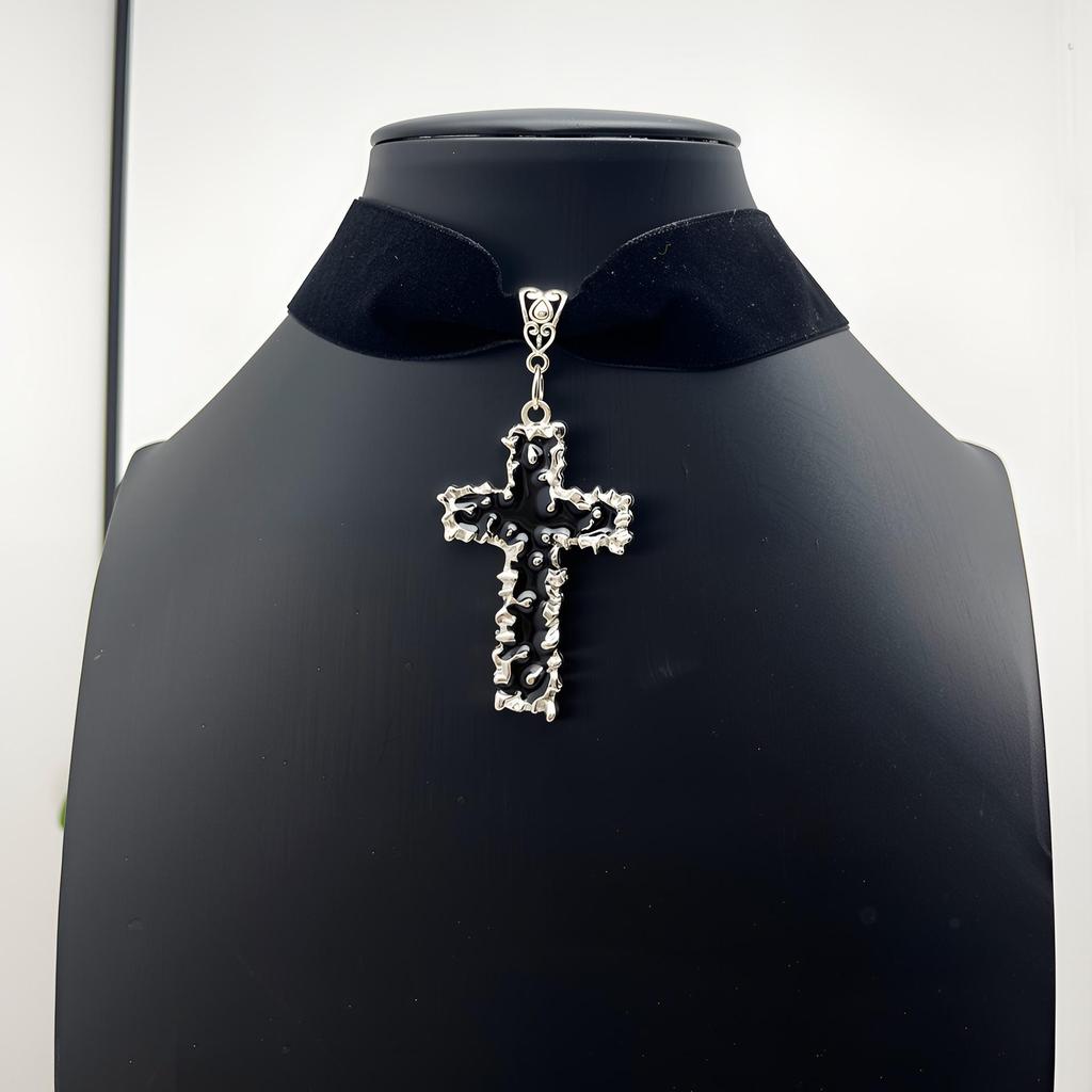 Gothic Punk Irregular Cross Pendant Necklace with Black Velvet Choker