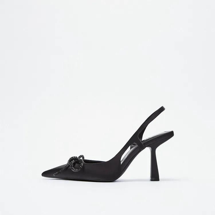 Fashion Crystal Women's Mules Sandals for Party Sexy Black New Pointed Bow Back Strap High-heeled Stiletto with Rhinestone Shoes Ladies