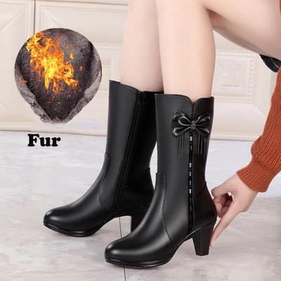 Chaussures pour femmes, bottes mi-mollet à fermeture éclair latérale, bottes modernes pour femmes, garde au chaud, nœud papillon, franges, bout rond, talon moyen, chaussures en PU pour femmes