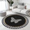 Modern Luxury Round Rug Black Gold Dot Butterfly Print Floor Mat Soft Non-Slip Checkered Pattern Carpet for Living Room Bedroom