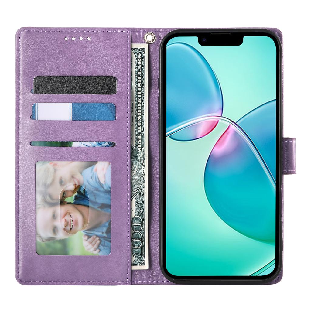 For iPhone 16e Wallet Case Butterfly Floral Imprint PU Leather Phone Cover with Wrist Strap