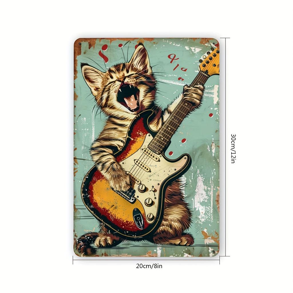 Rock Music Lover Cat Playing Guitar Vintage Metal Tin Sign Wall Art Decor for Gym,Garden - Indoor & Outdoor Retro Decoration
