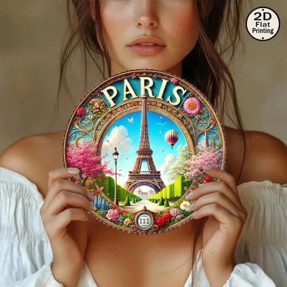Paris Eiffel Tower Metal Wall Art, Blue Sky Hot Air Balloon Flowers Print, Indoor Outdoor Home Decor