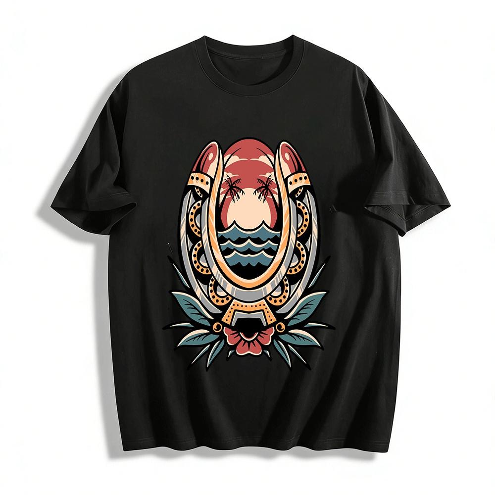 

Vintage Horseshoe Beach Print Casual Tee Pure cotton T-shirt XXS