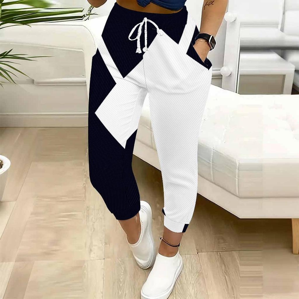 Summer Ladies Geometric Pattern Printed Sweatpants Loose Fit Drawstring Joggers Elastic Cuff Daily Casual Pants