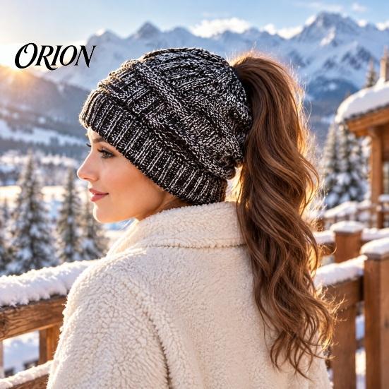 Easy Match Winter Cap Women's Ponytail Beanies, Warm Cable Knit Hat with Practical Gift for Her Hole, Thick Acrylic Outdoor Cold Weather Skull Ladies