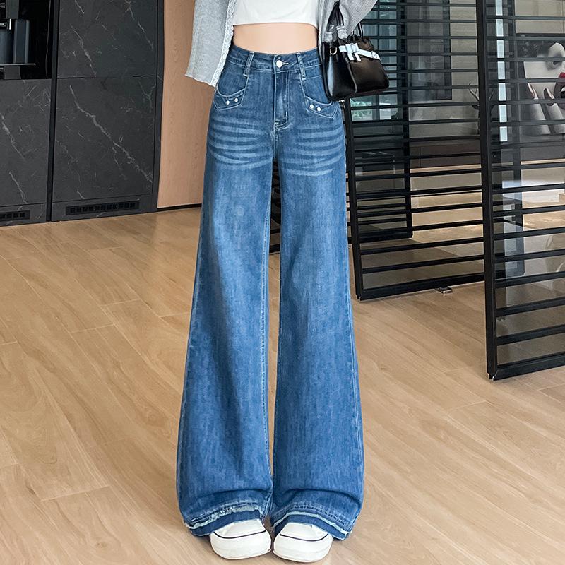 

Women s Retro Blue Wide-Leg Jeans, Spring/Autumn, Floor-Length, Slightly Flared, Loose-Fit, Slimming Pants M