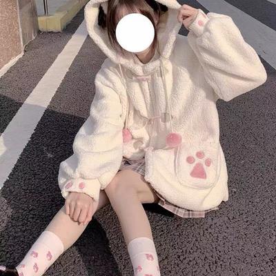Japans schattig Jk lamsfluwelen jack met capuchon dames herfst en winter los plus fluweel dik student casual all-match toptrend