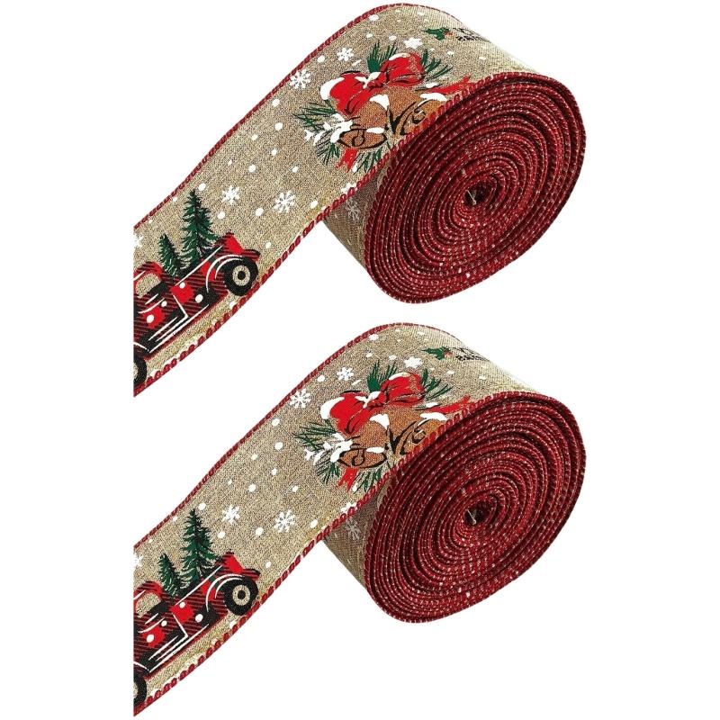 2 Rolls Bucolic Burlap Style Ribbon With Santa Sleigh Bells Holiday Homes Decoration Accessories