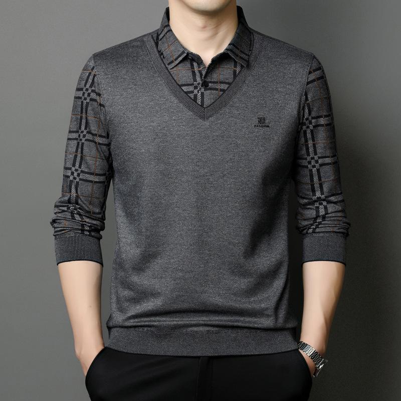 Autumn New Style Shirt Collar Sweater Casual Men's Middle-aged Fashion Simple Pullover Men's Sweater Fake Two Pieces
