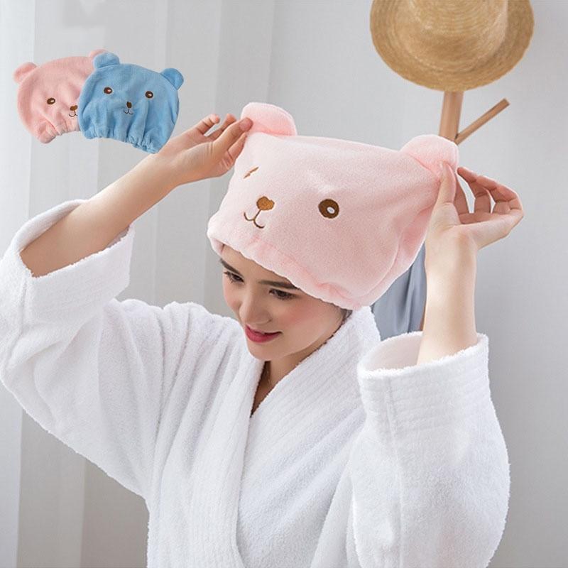 Cute Bear Thick Coral Fleece Microfiber Bath Towel Hair Dry Quick Drying Lady Bath Towel Soft Shower Cap