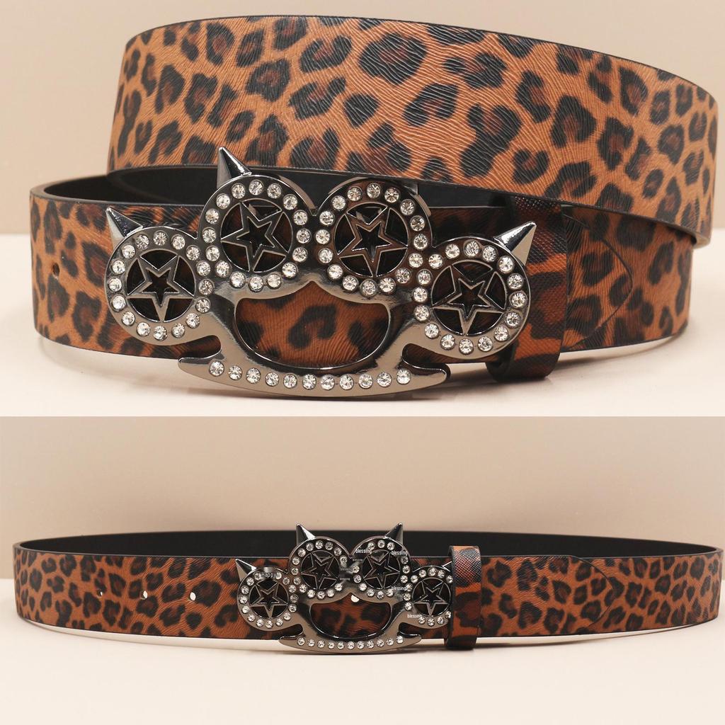 Y2K Leopard Print Rhinestone Tiger Claw Punk Women's Leather Belt