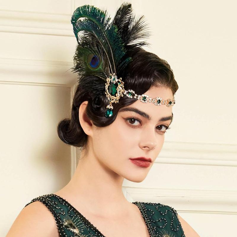Western 1920s Peacock Feather Headdress Headband Gatsby Party Masquerade Halloween Women's Set Elegant Essential